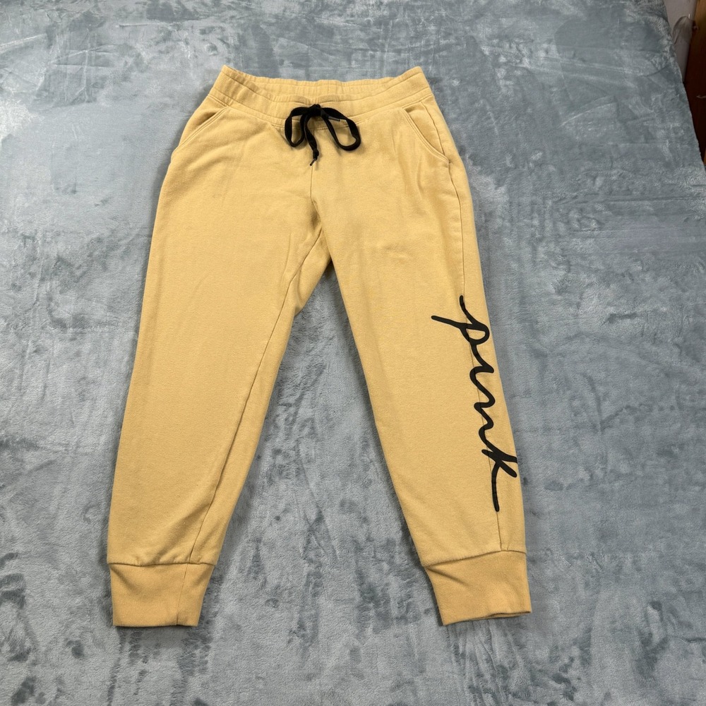 Victoria's Secret PINK Joggers Mustard Yellow Script Logo Sweatpants Small
